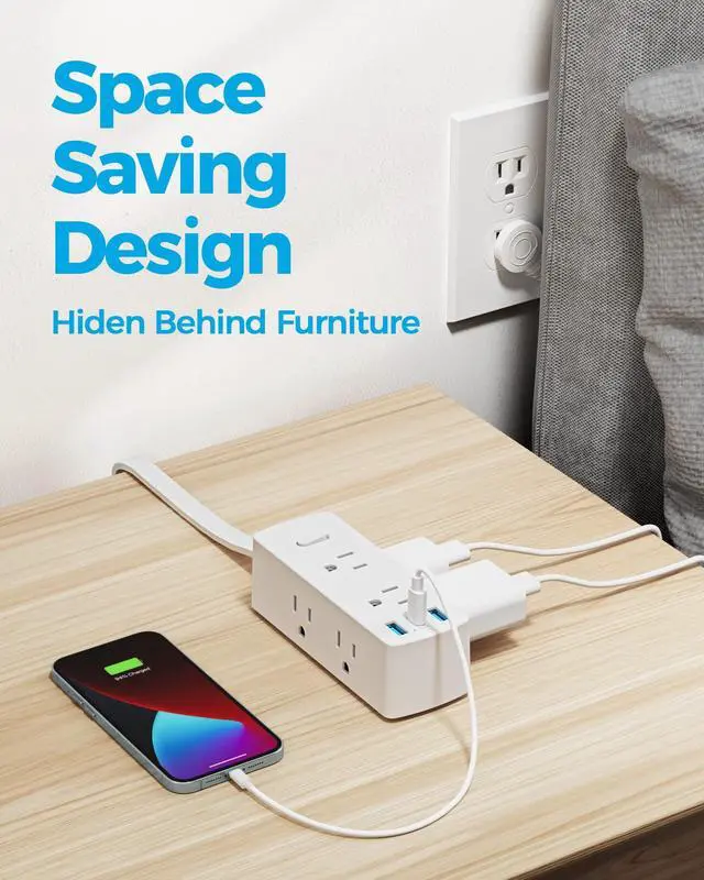 Alt view image 4 of 6 - Flat Plug Power Strip, Olcorife Flat Extension Cord 5ft, 6 Outlets 3 USB Ports(1 USB C), 3-Side Outlet Extender Surge Protector for Home Office Travel Dorm Room Essentials, White