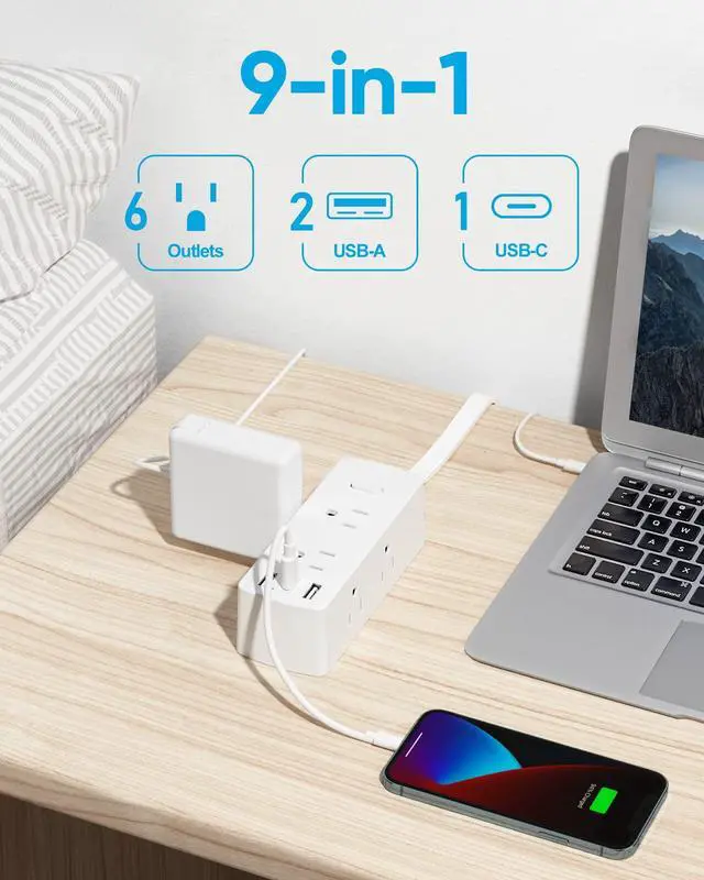 Alt view image 2 of 6 - Flat Plug Power Strip, Olcorife Flat Extension Cord 5ft, 6 Outlets 3 USB Ports(1 USB C), 3-Side Outlet Extender Surge Protector for Home Office Travel Dorm Room Essentials, White
