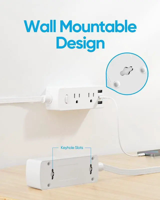 Alt view image 5 of 6 - Flat Plug Power Strip, Olcorife Flat Extension Cord 5ft, 6 Outlets 3 USB Ports(1 USB C), 3-Side Outlet Extender Surge Protector for Home Office Travel Dorm Room Essentials, White