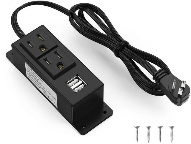 Main image of Kungfuking Surge Protector Power Strip Flat Plug Desk Power Grommet Conference Wall Mount USB Outlet Power Socket 2-Socket & 2-USB Ports 6.56 FT Extension Cord (Black)