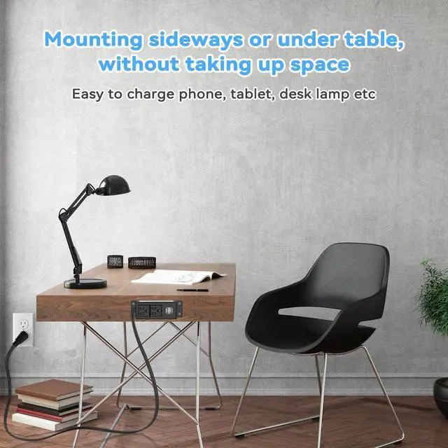 Alt view image 4 of 7 - Kungfuking Surge Protector Power Strip Flat Plug Desk Power Grommet Conference Wall Mount USB Outlet Power Socket 2-Socket & 2-USB Ports 6.56 FT Extension Cord (Black)