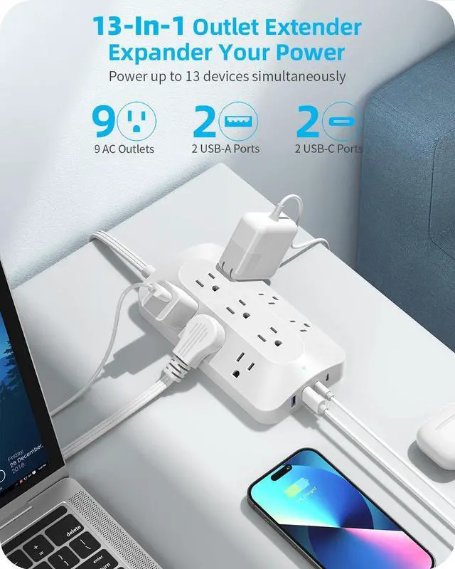 Alt view image 2 of 7 - 5ft Flat Plug Extension with 4 USB(2 USB C), 3-Sided 9 Outlets Multiple Plug Expander Wall Charger, Ultra Thin Extension Cord, Power Strip Surge Protector for Home Office Kitchen. White