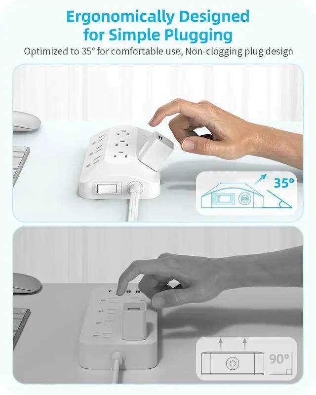 Alt view image 3 of 7 - 5ft Flat Plug Extension with 4 USB(2 USB C), 3-Sided 9 Outlets Multiple Plug Expander Wall Charger, Ultra Thin Extension Cord, Power Strip Surge Protector for Home Office Kitchen. White