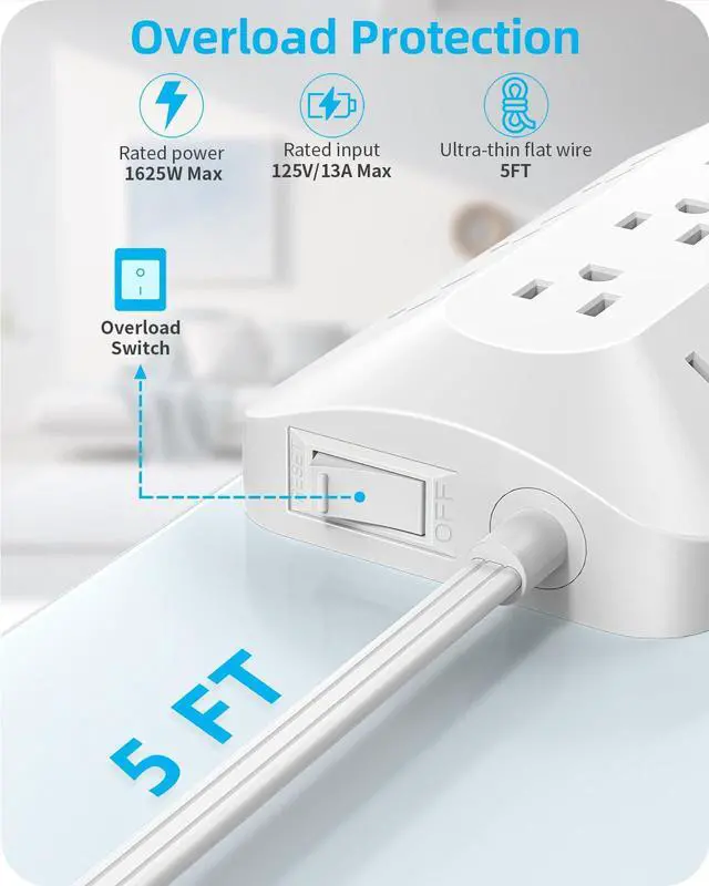 Alt view image 6 of 7 - 5ft Flat Plug Extension with 4 USB(2 USB C), 3-Sided 9 Outlets Multiple Plug Expander Wall Charger, Ultra Thin Extension Cord, Power Strip Surge Protector for Home Office Kitchen. White