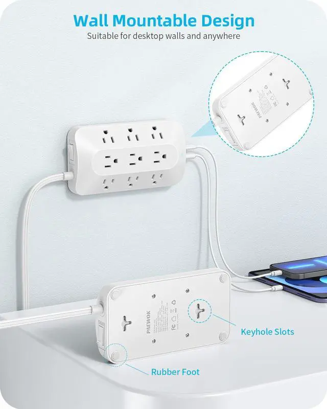 Alt view image 7 of 7 - 5ft Flat Plug Extension with 4 USB(2 USB C), 3-Sided 9 Outlets Multiple Plug Expander Wall Charger, Ultra Thin Extension Cord, Power Strip Surge Protector for Home Office Kitchen. White