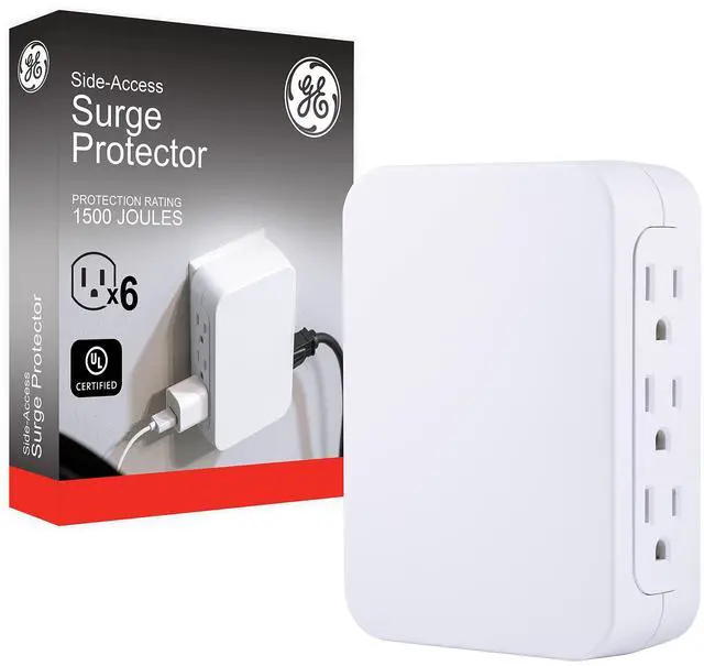 Main image of GE Pro 6-Outlet Extender, Surge Protector, Side Access, Wall Tap Adapter, 3-Prong, 1200 Joules, Warranty, UL Listed, White, 10353