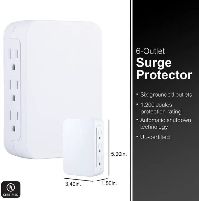 Alt view image 2 of 5 - GE Pro 6-Outlet Extender, Surge Protector, Side Access, Wall Tap Adapter, 3-Prong, 1200 Joules, Warranty, UL Listed, White, 10353
