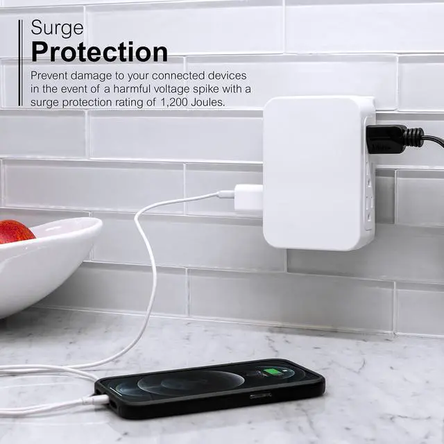 Alt view image 3 of 5 - GE Pro 6-Outlet Extender, Surge Protector, Side Access, Wall Tap Adapter, 3-Prong, 1200 Joules, Warranty, UL Listed, White, 10353