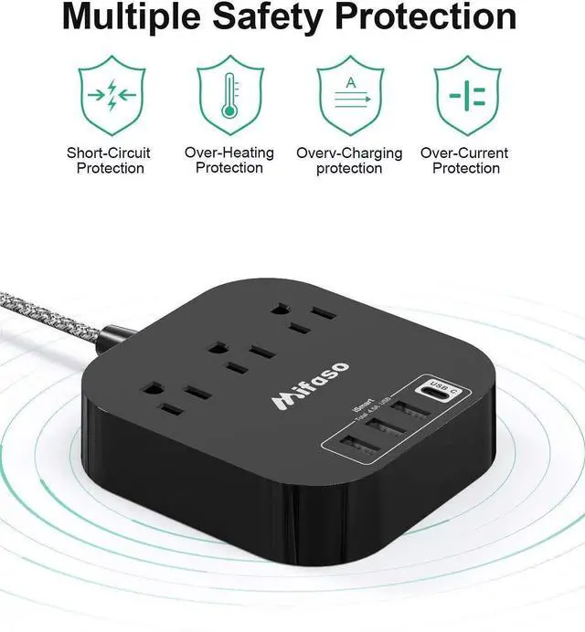 Alt view image 5 of 7 - Power Strip with USB C, 3 Outlet 4 USB Ports 4.5A Flat Plug Desktop Charging Station, Non Surge Protector with 5ft Heavy Duty Braided Extension Cord for Cruise Ship Travel Office Home, ETL Listed