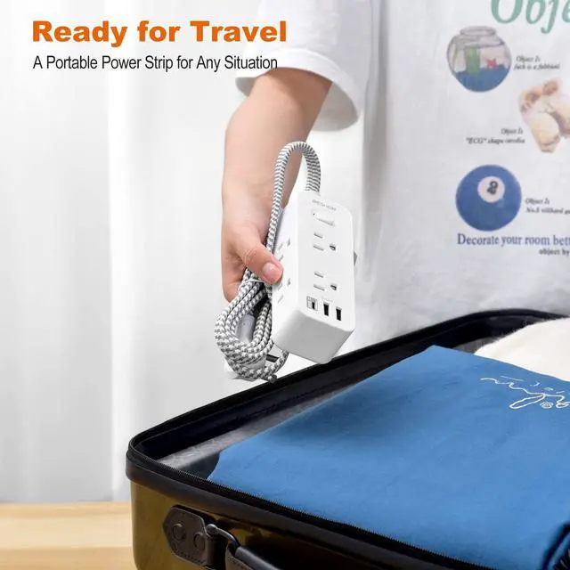 Alt view image 2 of 7 - BESHON 10 FT Extension Cord, Surge Protector Power Strip with 6 Widely AC Outlets 3 USB Ports(1 USB C),3-Side Outlet Extender, Flat Plug, Wall Mount for Home, Office,Travel and Dorm Essential
