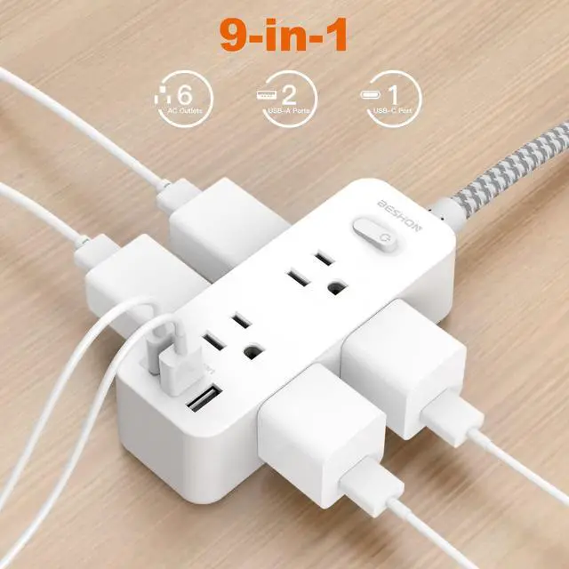 Alt view image 3 of 7 - BESHON 10 FT Extension Cord, Surge Protector Power Strip with 6 Widely AC Outlets 3 USB Ports(1 USB C),3-Side Outlet Extender, Flat Plug, Wall Mount for Home, Office,Travel and Dorm Essential