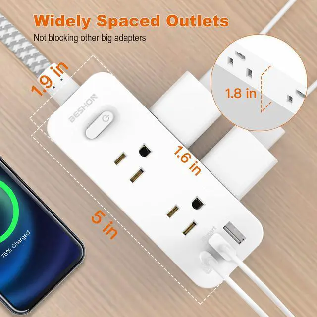 Alt view image 5 of 7 - BESHON 10 FT Extension Cord, Surge Protector Power Strip with 6 Widely AC Outlets 3 USB Ports(1 USB C),3-Side Outlet Extender, Flat Plug, Wall Mount for Home, Office,Travel and Dorm Essential