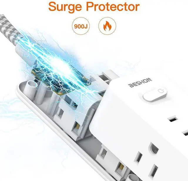 Alt view image 7 of 7 - BESHON 10 FT Extension Cord, Surge Protector Power Strip with 6 Widely AC Outlets 3 USB Ports(1 USB C),3-Side Outlet Extender, Flat Plug, Wall Mount for Home, Office,Travel and Dorm Essential