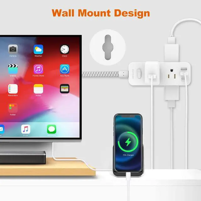 Alt view image 6 of 7 - BESHON 10 FT Extension Cord, Surge Protector Power Strip with 6 Widely AC Outlets 3 USB Ports(1 USB C),3-Side Outlet Extender, Flat Plug, Wall Mount for Home, Office,Travel and Dorm Essential