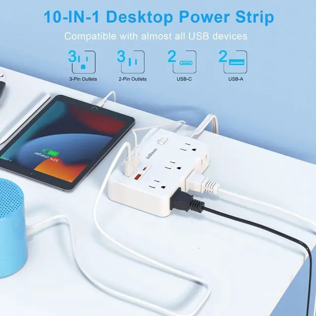 Alt view image 2 of 6 - Flat Plug Power Strip Surge Protector, 5ft Ultra Thin Extension Cord with 4 USB Wall Charger(2 USB C Port), 6 Widely-Spaced Outlets Power Strip Compact for Travel, Office, Dorm Room Essentials (White)