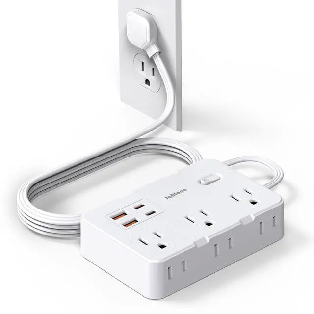 Main image of Flat Plug Power Strip Surge Protector, 5ft Ultra Thin Extension Cord with 4 USB Wall Charger(2 USB C Port), 6 Widely-Spaced Outlets Power Strip Compact for Travel, Office, Dorm Room Essentials (White)