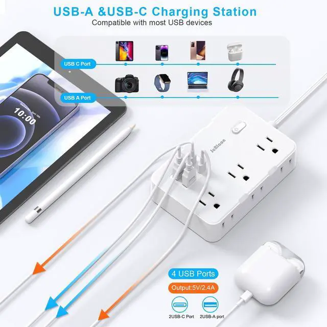 Alt view image 4 of 6 - Flat Plug Power Strip Surge Protector, 5ft Ultra Thin Extension Cord with 4 USB Wall Charger(2 USB C Port), 6 Widely-Spaced Outlets Power Strip Compact for Travel, Office, Dorm Room Essentials (White)