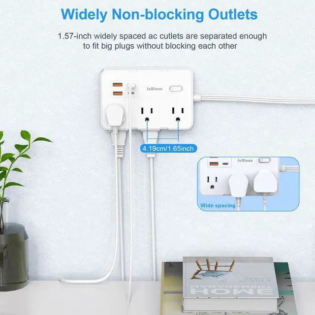 Alt view image 6 of 6 - Flat Plug Power Strip Surge Protector, 5ft Ultra Thin Extension Cord with 4 USB Wall Charger(2 USB C Port), 6 Widely-Spaced Outlets Power Strip Compact for Travel, Office, Dorm Room Essentials (White)
