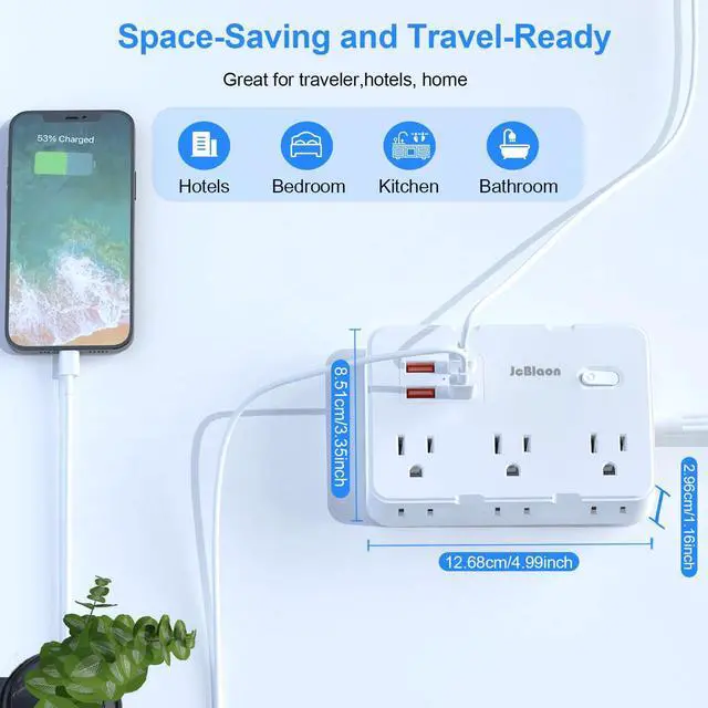 Alt view image 5 of 6 - Flat Plug Power Strip Surge Protector, 5ft Ultra Thin Extension Cord with 4 USB Wall Charger(2 USB C Port), 6 Widely-Spaced Outlets Power Strip Compact for Travel, Office, Dorm Room Essentials (White)