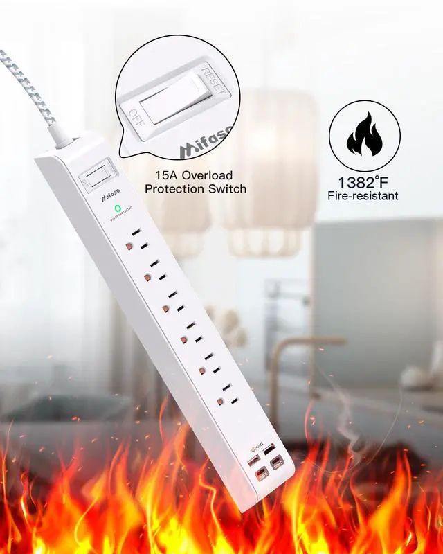 Alt view image 6 of 7 - Surge Protector Power Strip 10 ft with 4 USB Ports 2 USB-C 6 AC Outlets, Flat Plug Extension Cord, USB Charging Station, Wall Mountable for Home, Office, Dorm Essentials, 1080J, ETL Listed