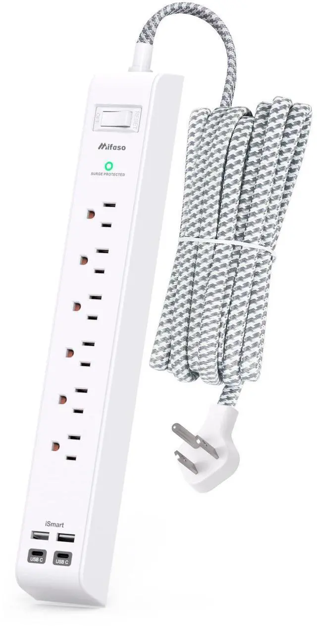 Main image of Surge Protector Power Strip 10 ft with 4 USB Ports 2 USB-C 6 AC Outlets, Flat Plug Extension Cord, USB Charging Station, Wall Mountable for Home, Office, Dorm Essentials, 1080J, ETL Listed