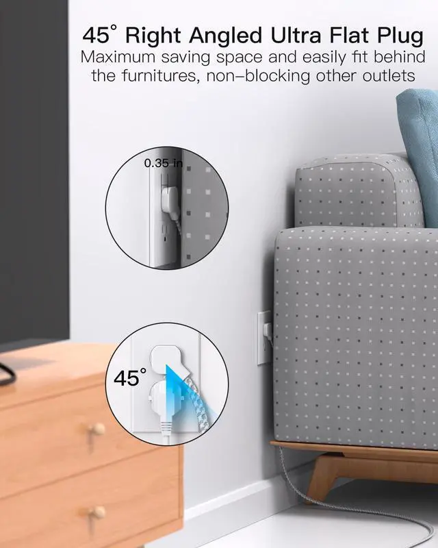 Alt view image 4 of 7 - Surge Protector Power Strip 10 ft with 4 USB Ports 2 USB-C 6 AC Outlets, Flat Plug Extension Cord, USB Charging Station, Wall Mountable for Home, Office, Dorm Essentials, 1080J, ETL Listed