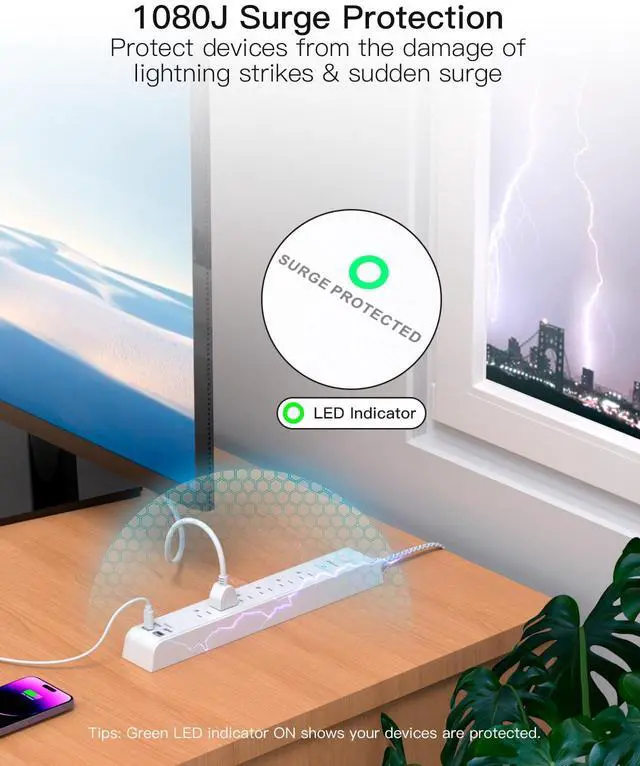 Alt view image 3 of 7 - Surge Protector Power Strip 10 ft with 4 USB Ports 2 USB-C 6 AC Outlets, Flat Plug Extension Cord, USB Charging Station, Wall Mountable for Home, Office, Dorm Essentials, 1080J, ETL Listed