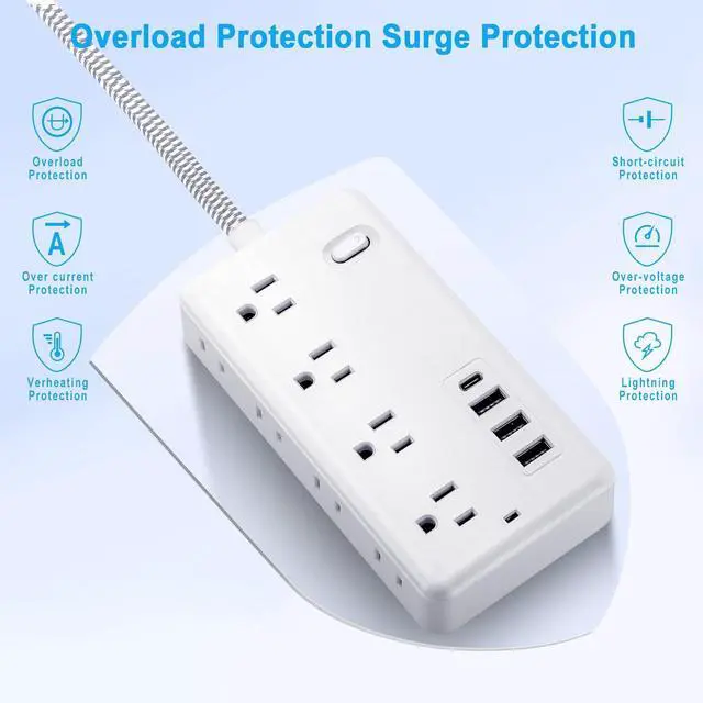 Alt view image 2 of 7 - Extension Cord 5FT, Surge Protector Power Strip with 8 Widely Outlets 4 USB Ports, Flat Plug, Wall Mount Outlet Extender, Multiple Outlets for Indoor Home Office, Dorm Room Essentials
