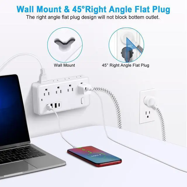 Alt view image 3 of 7 - Extension Cord 5FT, Surge Protector Power Strip with 8 Widely Outlets 4 USB Ports, Flat Plug, Wall Mount Outlet Extender, Multiple Outlets for Indoor Home Office, Dorm Room Essentials