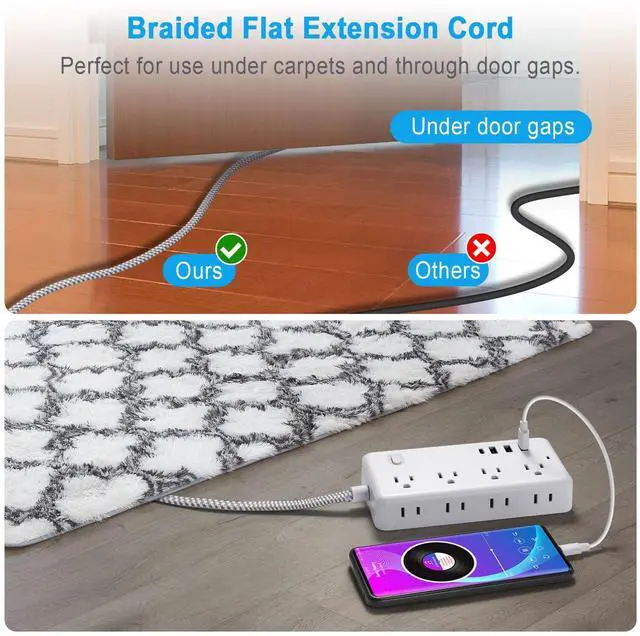 Alt view image 6 of 7 - Extension Cord 5FT, Surge Protector Power Strip with 8 Widely Outlets 4 USB Ports, Flat Plug, Wall Mount Outlet Extender, Multiple Outlets for Indoor Home Office, Dorm Room Essentials