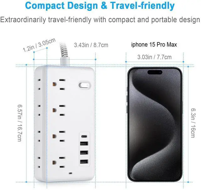 Alt view image 7 of 7 - Extension Cord 5FT, Surge Protector Power Strip with 8 Widely Outlets 4 USB Ports, Flat Plug, Wall Mount Outlet Extender, Multiple Outlets for Indoor Home Office, Dorm Room Essentials