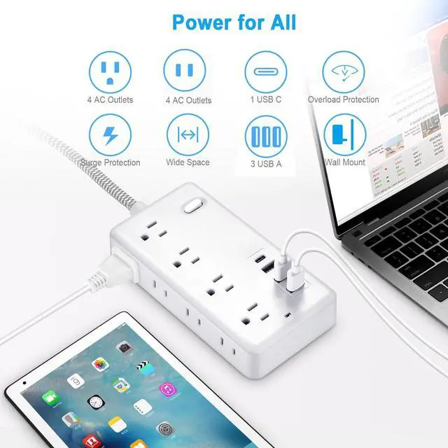 Alt view image 5 of 7 - Extension Cord 5FT, Surge Protector Power Strip with 8 Widely Outlets 4 USB Ports, Flat Plug, Wall Mount Outlet Extender, Multiple Outlets for Indoor Home Office, Dorm Room Essentials
