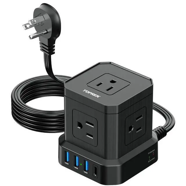 Main image of TOPREK Power Strip with USB, USB C (3.0A) Power Strip with 5 Outlets, 1 USB-C & 3 USB-A, 5 FT Flat Extension Cord with Ultra Thin Flat Plug, Surge Protector Compact for Home Office, Dorm, Hotel Travel