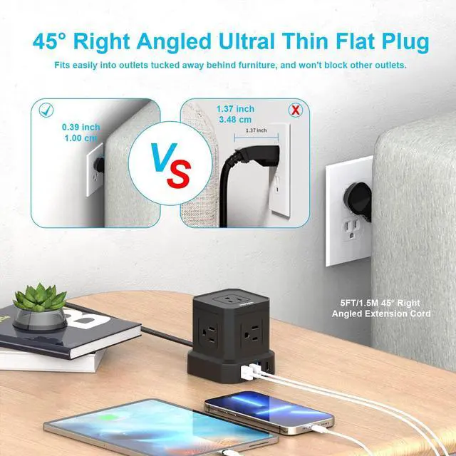 Alt view image 4 of 7 - TOPREK Power Strip with USB, USB C (3.0A) Power Strip with 5 Outlets, 1 USB-C & 3 USB-A, 5 FT Flat Extension Cord with Ultra Thin Flat Plug, Surge Protector Compact for Home Office, Dorm, Hotel Travel