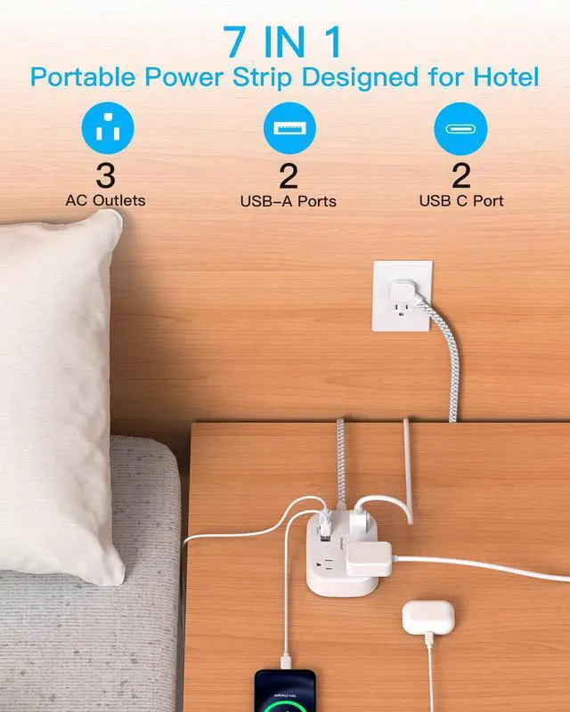 Alt view image 2 of 7 - Cruise Essentials 2025,One Beat Travel Power Strip with USB C,Flat Plug Extension Cord with 3 Outlets 4 USB Ports(2 USB C),5 ft Desk Wall Outlet Extender,Non Surge Protector for Cruise,Dorm Room,ETL