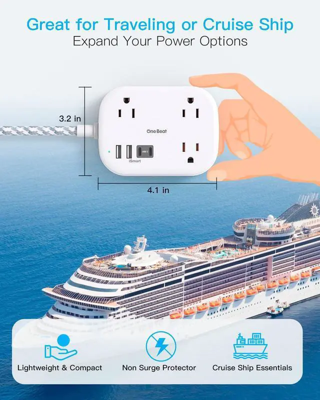 Alt view image 3 of 7 - Cruise Essentials 2025,One Beat Travel Power Strip with USB C,Flat Plug Extension Cord with 3 Outlets 4 USB Ports(2 USB C),5 ft Desk Wall Outlet Extender,Non Surge Protector for Cruise,Dorm Room,ETL