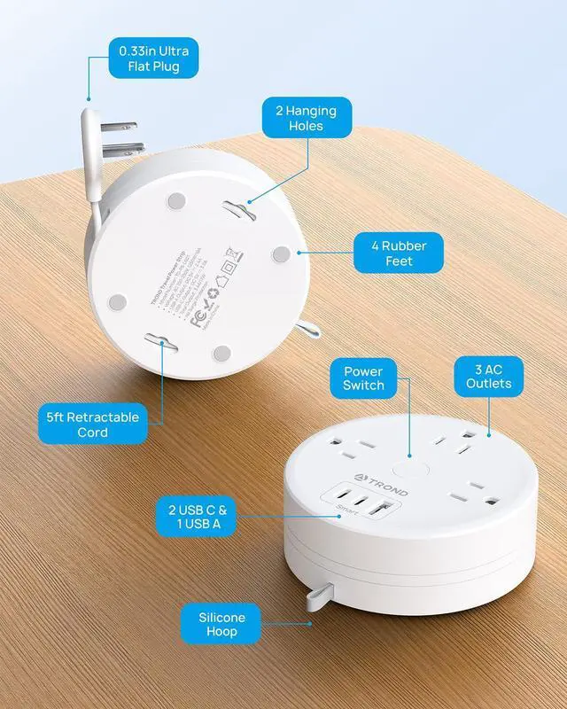 Alt view image 7 of 7 - TROND Travel Power Strip - Retractable Extension Cord 5ft Ultra Thin Flat Plug, Retractable Power Strip with 3 AC Outlets 3 USB Ports (2 USB C), Cruise Ship Essentials, for Home Hotel Dorm Room, White