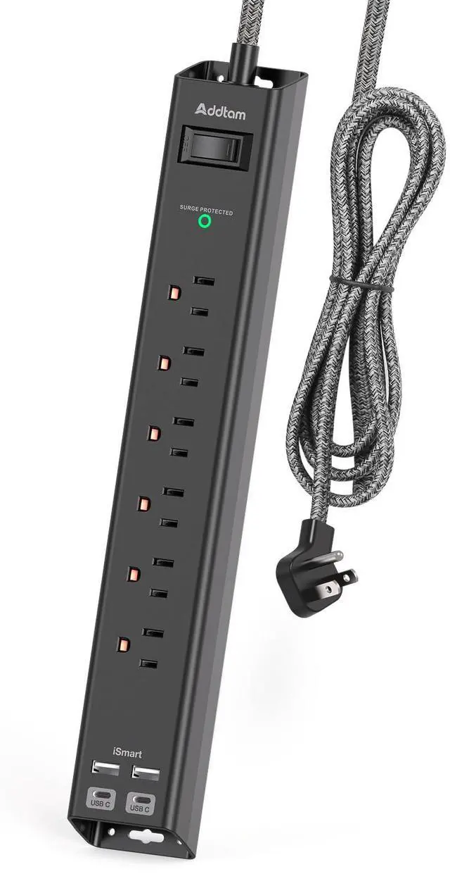 Main image of Surge Protector Power Strip - Extension Cord with 6 AC Outlets 4 USB (2 USB-C Ports), Flat Plug with Overload Surge Protection, Wall Mount, 5ft, Outlet Extender for Home Office Dorm Room Essentials