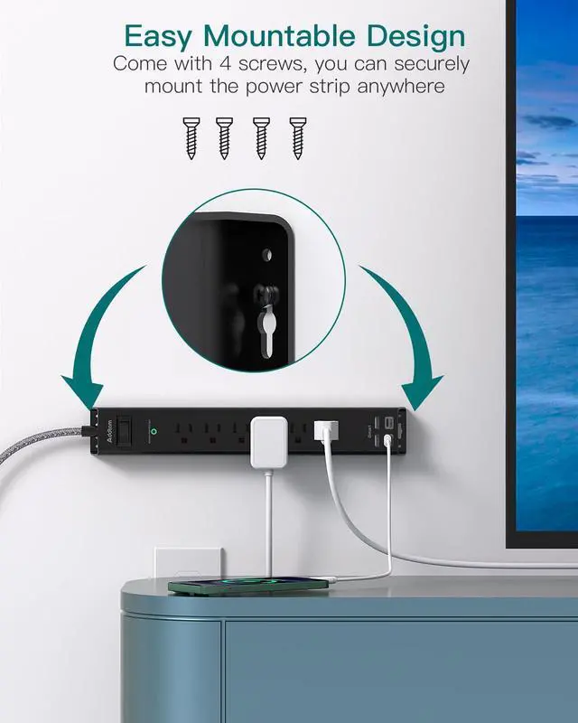 Alt view image 6 of 7 - Surge Protector Power Strip - Extension Cord with 6 AC Outlets 4 USB (2 USB-C Ports), Flat Plug with Overload Surge Protection, Wall Mount, 5ft, Outlet Extender for Home Office Dorm Room Essentials