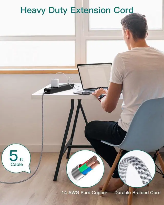 Alt view image 7 of 7 - Surge Protector Power Strip - Extension Cord with 6 AC Outlets 4 USB (2 USB-C Ports), Flat Plug with Overload Surge Protection, Wall Mount, 5ft, Outlet Extender for Home Office Dorm Room Essentials