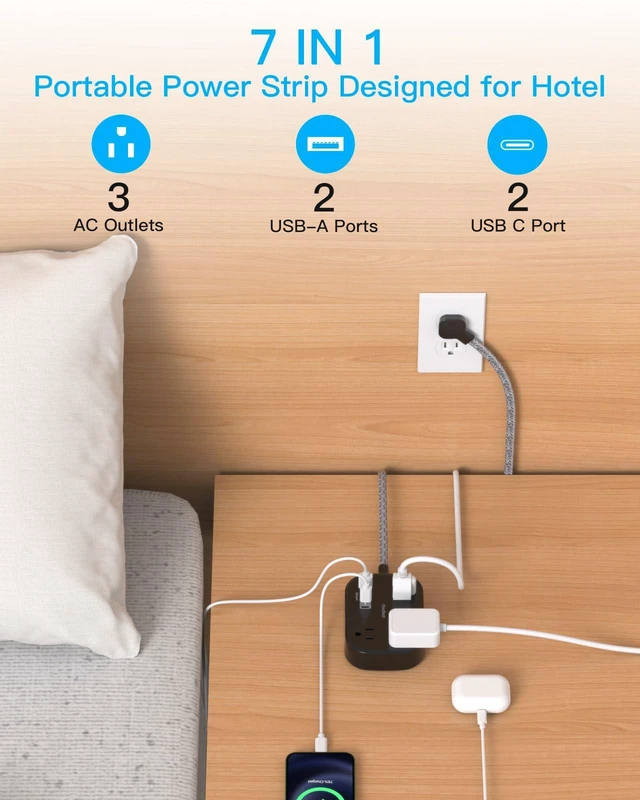 Alt view image 3 of 7 - Cruise Essentials 2026, Travel Power Strip with USB C,Flat Plug 6ft Extension Cord with 3 Outlets 4 USB Ports(2 USB C),Desk Wall Outlet Extender,Non Surge Protector for Cruise,Dorm Room,ETL