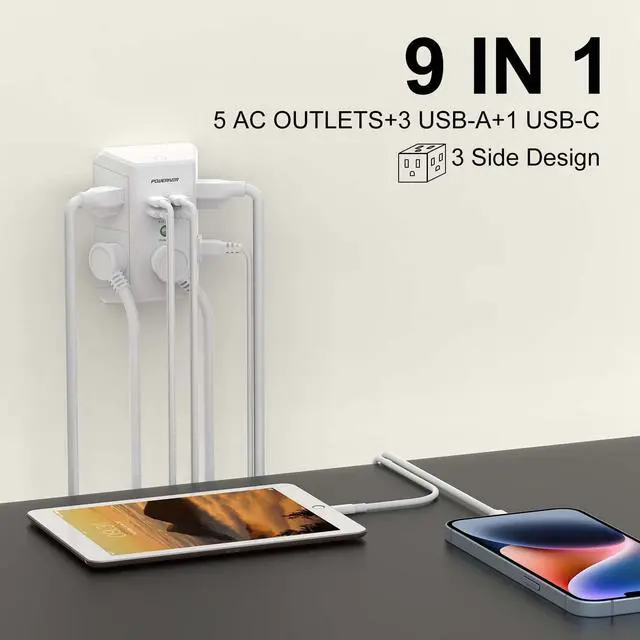 Alt view image 2 of 7 - Surge Protector with 4 USB Ports - Multi Outlet Extender for Home, School and Office - ETL Listed, White