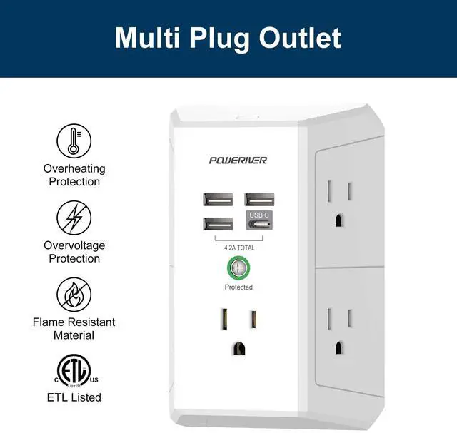 Alt view image 3 of 7 - Surge Protector with 4 USB Ports - Multi Outlet Extender for Home, School and Office - ETL Listed, White