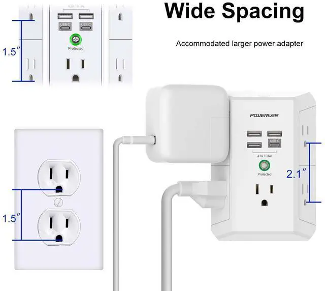 Alt view image 7 of 7 - Surge Protector with 4 USB Ports - Multi Outlet Extender for Home, School and Office - ETL Listed, White
