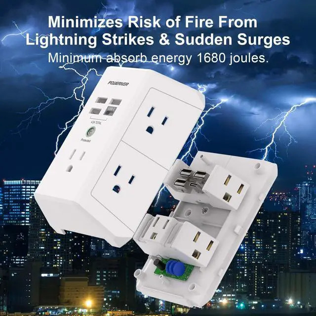 Alt view image 6 of 7 - Surge Protector with 4 USB Ports - Multi Outlet Extender for Home, School and Office - ETL Listed, White