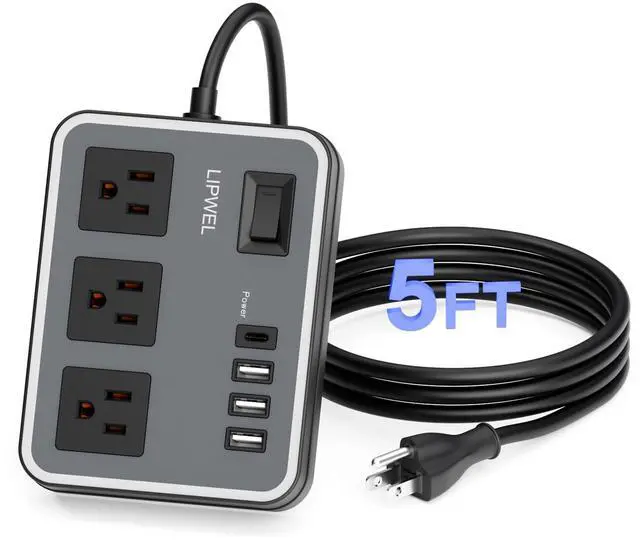 Main image of 3 Outlet Power Strip with 3 USB Charging Ports and 1 USB-C Port, 1200W Extension Cord 5ft Power Cord, Black,Overload Protection Switch,No Surge Protector for Cruise Ship, Travel, Dorm, Home, Office