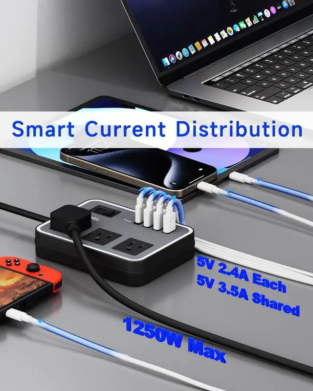 Alt view image 3 of 7 - 3 Outlet Power Strip with 3 USB Charging Ports and 1 USB-C Port, 1200W Extension Cord 5ft Power Cord, Black,Overload Protection Switch,No Surge Protector for Cruise Ship, Travel, Dorm, Home, Office