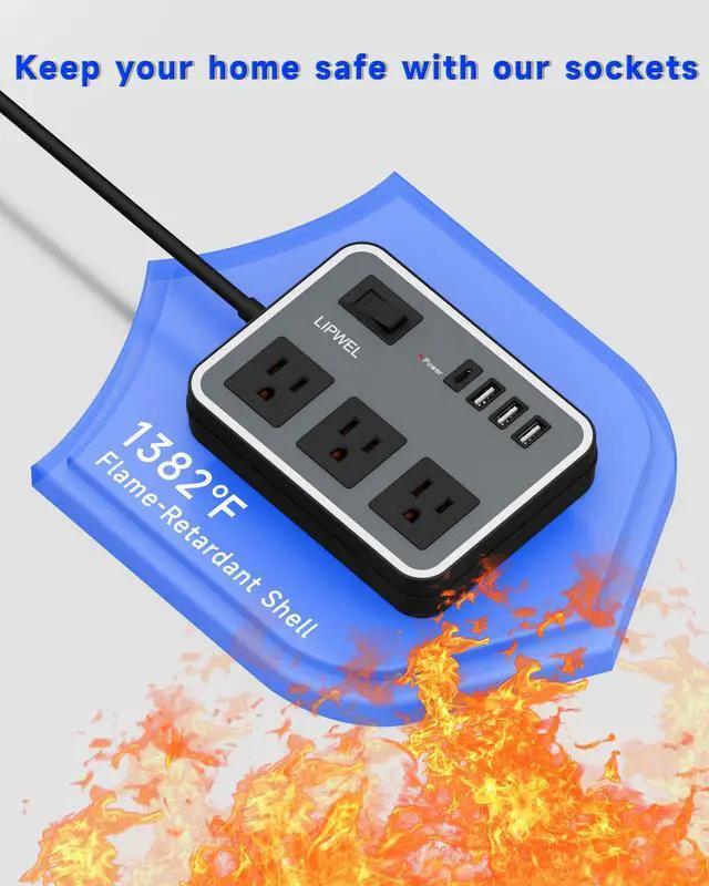 Alt view image 4 of 7 - 3 Outlet Power Strip with 3 USB Charging Ports and 1 USB-C Port, 1200W Extension Cord 5ft Power Cord, Black,Overload Protection Switch,No Surge Protector for Cruise Ship, Travel, Dorm, Home, Office