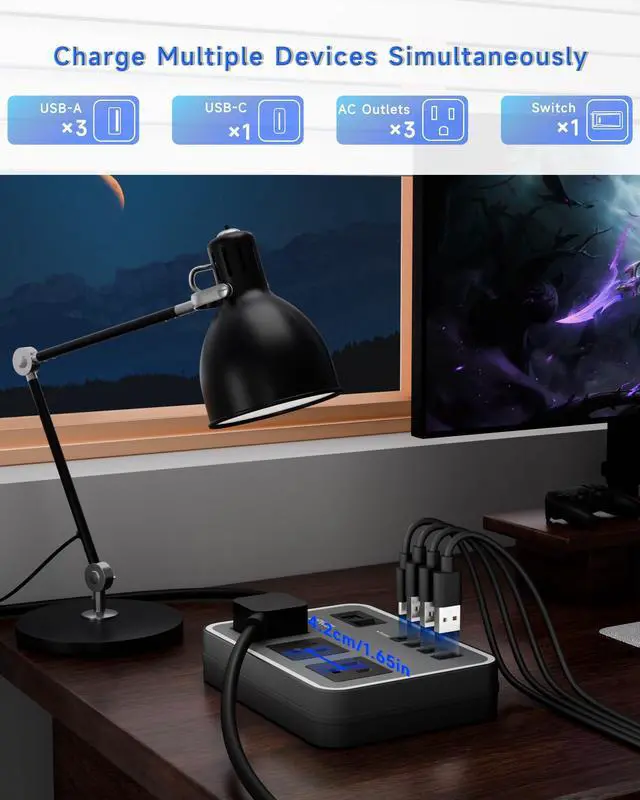 Alt view image 2 of 7 - 3 Outlet Power Strip with 3 USB Charging Ports and 1 USB-C Port, 1200W Extension Cord 5ft Power Cord, Black,Overload Protection Switch,No Surge Protector for Cruise Ship, Travel, Dorm, Home, Office