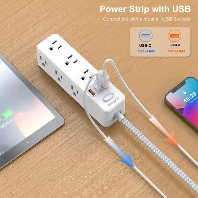 Alt view image 3 of 6 - JcBlaon Power Strip Surge Protector,Thin Flat Plug Heavy Duty Extension Cord 5ft, 9 Outlets 3 USB Ports(1 USB C), for Indoor Outdoor Home Office Travel Dorm Room Essentials, White